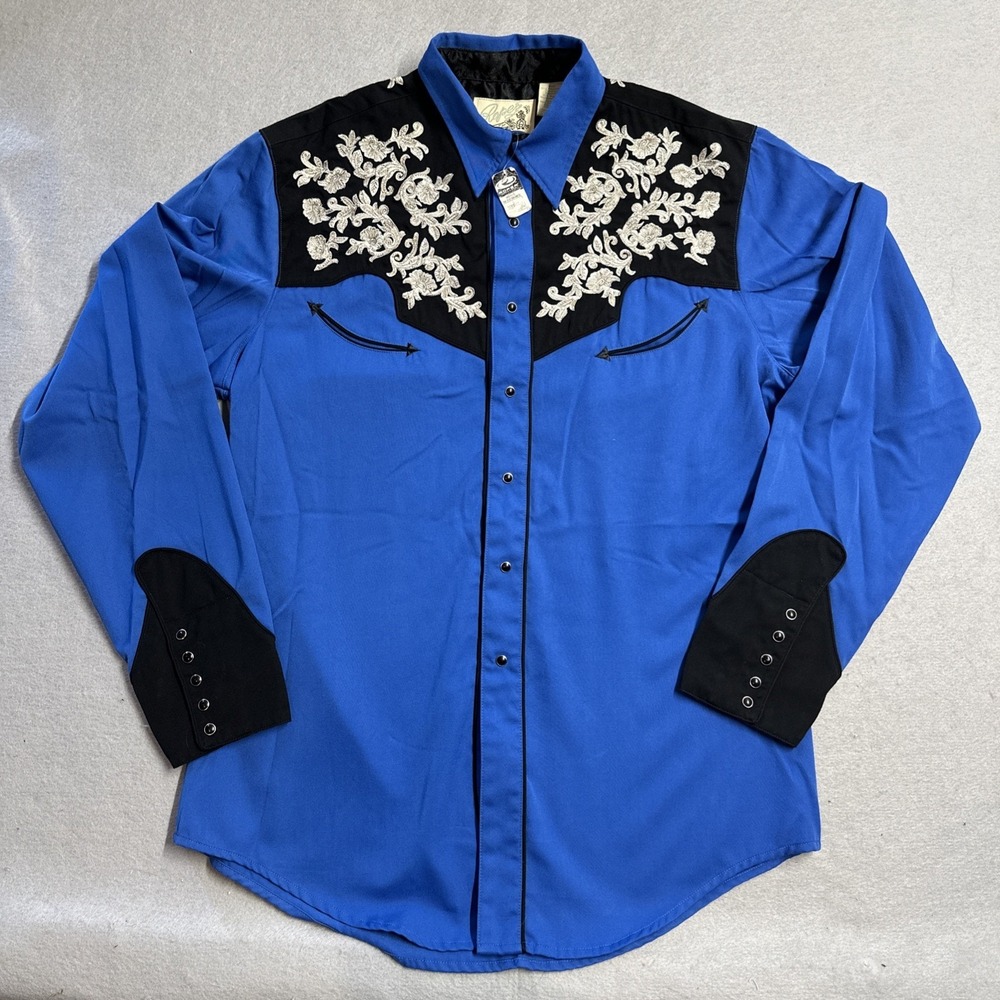 Roper Western Snap Blue Shirt Black White Floral Embroidery Yoke Large NWT